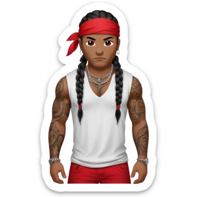 Samoan male with loose fitting white t-shirt. Red bandana. Red jeans. long braided hair, very muscular, tattoos. street culture clothing. Tough and menacing. Gangster loca. sticker
