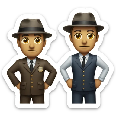 two detectives standing in anticipation behind a vintage TV set sticker