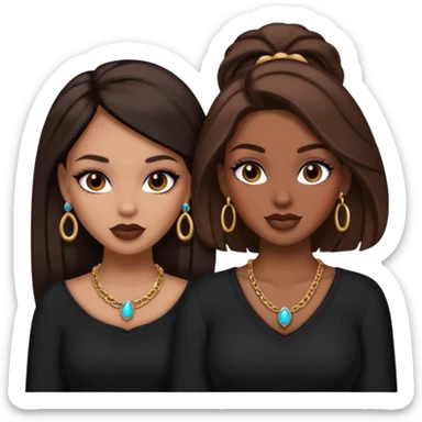 Boujy baddie best friends, trendy heavy makeup both dark hair one light skinned and one mocha brown pretty hair both wearing black and earrings and necklace one mocha brown skin sticker