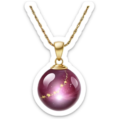 A polished round ball wine granite pendant suspended from a delicate gold chain, like a drop of enchanted starlight, glowing with the warmth of passion and the quiet power of transformation ethereal floating magical moving around... rebirth  sticker