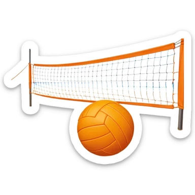 A volleyball resting on the sand on a beach, with the net in the background and a scenic view of the ocean and sky. The scene captures the relaxed yet competitive vibe of beach volleyball, with warm sunlight and the natural beauty of the beach. sticker