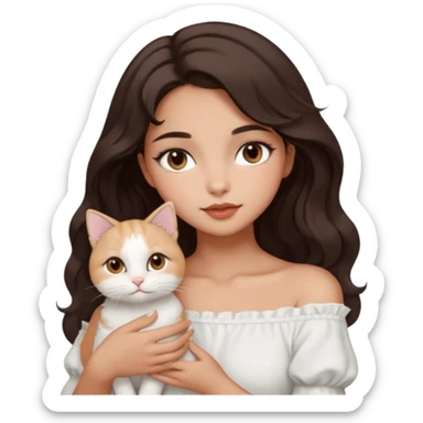 aesthetic girl with warm tan skin tone, doe-shaped dark brown eyes, softly arched eyebrows, round face, off-shoulder length 2b wavy hair, full lips, holding a white cat sticker