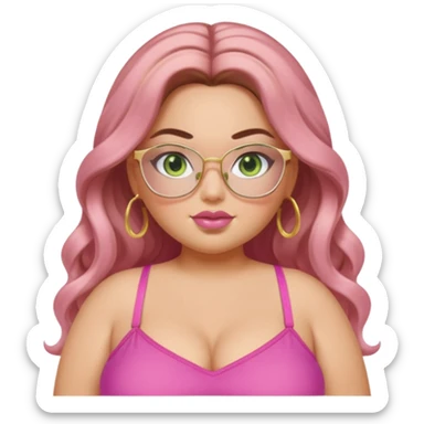 Baddie bratz girl with middle parted long wavy brown hair. green eyes. Plus size. pink spaghetti strap top. Gold rimmed glasses sticker