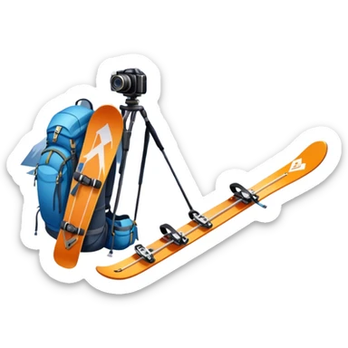 Icon for Mountain Tourism: a distant snow-capped mountain peak with skis, a snowboard, an ice axe, a backpack and a camera. The icon should convey the spirit of adventure and exploration in the mountains. Transparent background. sticker