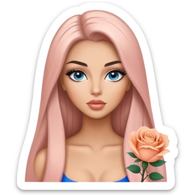 Glamours, tanned, very beautiful girl, with big pump peach-beige-rose lips, long long lashes, black straight smooth silky long hair, straight parting hair, blue-grey eyes sticker