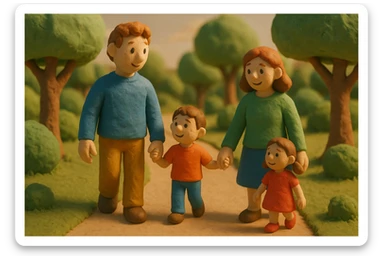 parents take their children home, family walking through a park on their way home sticker