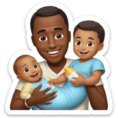 Sean “Diddy” Combs with baby oil and a very small infant and he’s pouring the baby oil on the infant that is laughing with a very exaggerated expression sticker