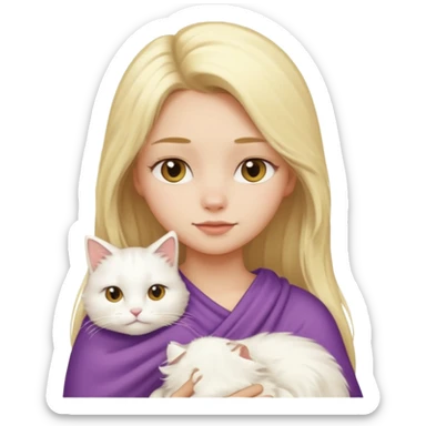 a girl with long blonde hair and a white fluffy cat draped over her left shoulder, emoji style sticker