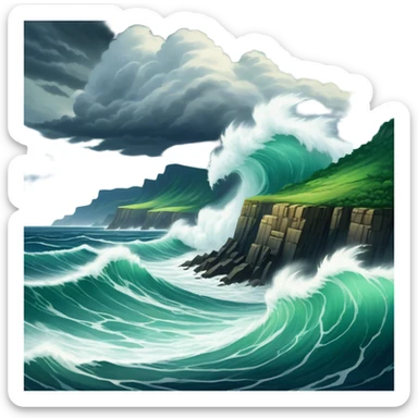 A dramatic view of a raging ocean with massive waves crashing against the shore, surrounded by a breathtaking landscape of cliffs and lush greenery. The sky above is filled with dramatic clouds, highlighting the raw power of nature and the beauty of the untamed seascape. sticker