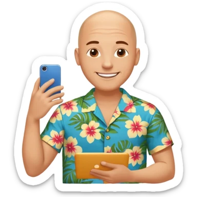 Good looking bald laid-back no suit a Hawaiian style shirt man who is a really super shopper and gets all the great deals and there really smart about getting on the Internet sticker