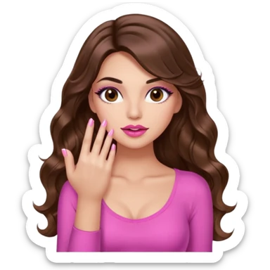 girl with long wavy brown hair, brown eyes, light to medium complexion, in a pink sexy top, pink lips, long lashes, puckered lips, showing my manicure one hand 5 fingers sticker