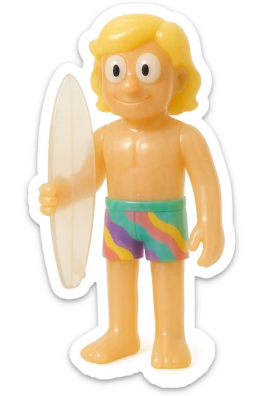 full-body surfer bro, retro 90's toy style, very transparent and slightly see-through, natural tan skin, blonde hair, colorful shorts, large white eyeballs with small black pupils, soft plastic texture, soft reflections, soft and squishy, some cloudiness, not shiny, highly detailed, appealing, no tag, no background sticker