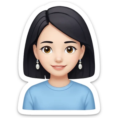  emoji of a smiling girl with a long bob haircut in black-brown color, fair tan skin, soft black eyebrows, and brown eyes. She's wearing a pastel blue shirt, has pearl earrings, and white clean hair clips. Her look is fresh and minimal clean girl aesthetic. Use a white background, sticker