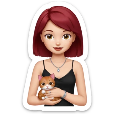 generate a pretty bratz girl with short dark red hair holding a cat smiling. Wearing a black cami sticker