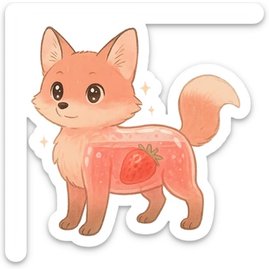 soft fluffy fox with a transparent body showing a strawberry smoothie inside, sparkling eyes, pastel pink, full-body sticker