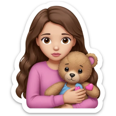 girl with long wavy brown hair, brown eyes, light to medium complexion, in a pink shirt, pink lips, long lashes, sad, hugging squeezing a teddy bear with a broken heart sticker