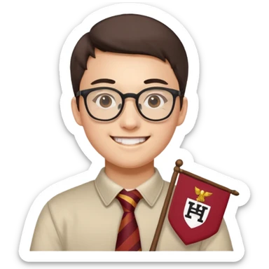 smiling student with glasses holding a Harvard pennant labeled 'Ivan Zhang' in fun emoji style sticker