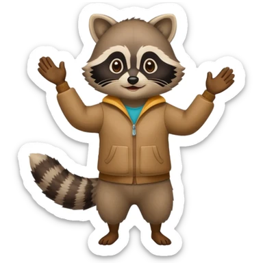 a full body raccoon celebrating hands up wearing fun outfit sticker