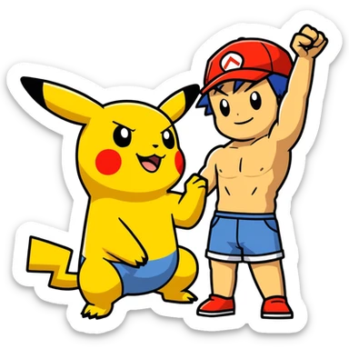 Hot handsomeb muscular 6ft 5inch tall smiling happy fun shirtless Ash Ketchum and friends, one fist raised in celebration the other hand on the front of  his thigh Pikachu on the floor looking up sticker