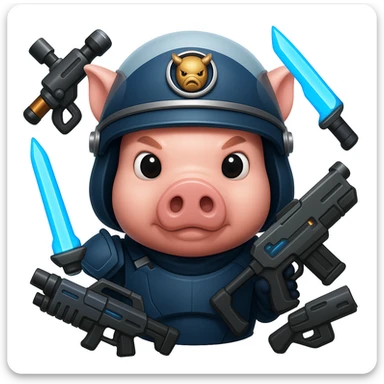 Add more sci-fi weapons to the pig Helldiver, such as futuristic rifles, energy swords, or grenade launchers, in the style of emoji (apple style emojis). sticker