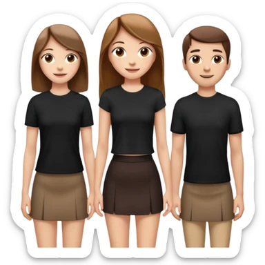 emoji of a girl with long, straight light brown hair, fair skin, soft brown eyes. Wearing a stylish black top and mini skirt. Full-height, standing confidently with shoulders back, head up, smiling proudly. Surrounded by 3men and one woman next to her, looking at her with admiration. sticker
