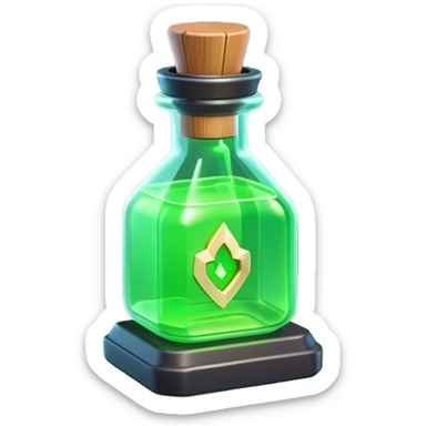 Clash of Clans aesthetic: Cinematic Playful Sci-fi green health pack Emoji, rendered in a 3D vector-style similar to standard emojis with minimal shading and bold, simplified shapes. A compact, futuristic vial with a glowing neon liquid and sleek contours, softly glowing with a healing cosmic charm. Simplified yet unmistakably iconic, highly detailed and consistent, glowing with a soft radiant glow and high shine. Stylized with a touch of futuristic alchemy and a soft glowing outline, capturing the essence of a vital energy elixir with a playful, interstellar spirit! sticker