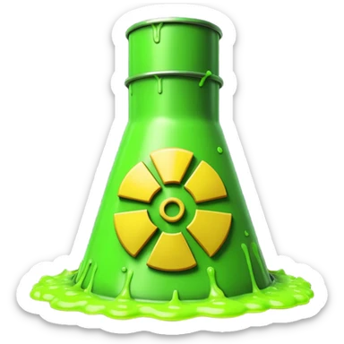 3D render of Nuclear Smokestack, toxic waste aesthetic, neon green bubbling liquid, caution yellow metal, industrial warning texture. sticker