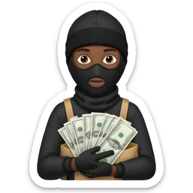 Black Ski mask holding bags of money with  skin color black sticker