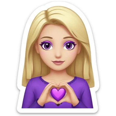 twitch emote, kinda chibi style. blonde hair: long, straight, no bangs. gray eyes. an eyebrow with a slit. purple eyeshadow/eyeliner with gold eyeshadow. only face and arms, hands visible. happy, holding a purple heart. white background. sticker