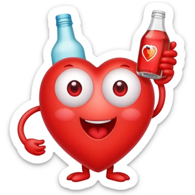 A red heart ❤️ with eyes, a mouth, and hands, looking tipsy and drunk, holding a bottle of drink in one hand, with a playful, wobbly expression sticker