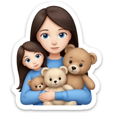 a girl with long dark brown hair, with blue eyes, in a
white sweater, hugs 3 different natural coloured sticker