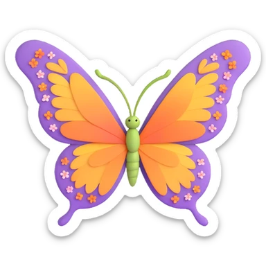 Add beautiful, subtle flower-shaped dust and petals like magical particles around the butterfly. Maintain the 3D cartoon, elegant, fantasy style with a transparent background. sticker