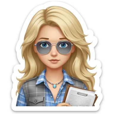 girl with long blond messy hair wearing grey plaid shirt with blue eyes and aviator sunglasses wearing a ring on her silver necklace, holding lawyer papers sticker