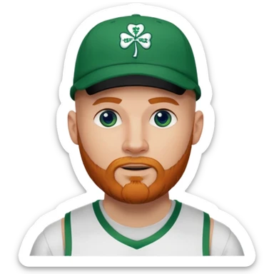 Bald white man with ginger beard and blue eyes in Jason Tatum Boston Celtics jersey over tshirt with Boston Celtics basketball logo on cap sticker