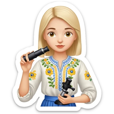 Ukrainian girl in traditional embroidered vyshyvanka shirt holding a microscope sticker