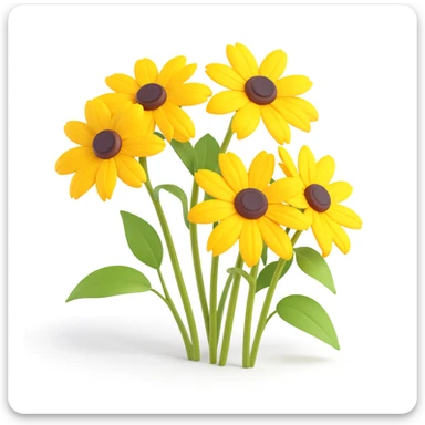 three yellow rudbeckia flowers with green leaves, 3D iOS style, soft shadows, realistic highlights, white background sticker