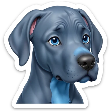 Cinematic Cute Blue Great Dane Portrait Emoji, Head tilted playfully and inquisitively, featuring a glossy blue Fur with a refined sheen, round, sparkling steel-blue eyes filled with curiosity, Simplified yet irresistibly adorable features, highly detailed, glowing with a warm, friendly glow, high shine, affectionate and gentle, stylized with a touch of whimsy, bright and endearing, soft glowing outline, capturing the essence of a mischievous yet loving pup, so playful it feels like it could lumber out of the screen and into your arms! sticker