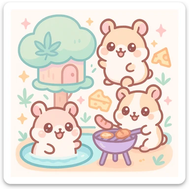 Discord server icon, square format, summer pool cookout scene with up to 3 hamsters, weed leaves, cheese, and THC theme, near a treehouse, possibly in space, kawaii style, soft but colorful, nostalgic, fun, inviting, summer party vibe, clear composition, less vibrant colors sticker