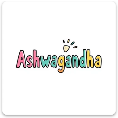 The word "Ashwagandha" hand-drawn in a vibrant tropical color scheme with pinks, teals, and yellows. Simple doodle style with minimal decoration. sticker