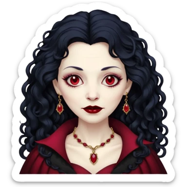 old Vampire lady Pale queen with ruby necklace, curly black long hair sticker