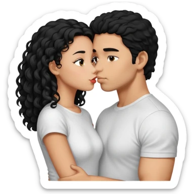 a strong man with short straight black hair kissing a shorter girl with long black curly hair sticker