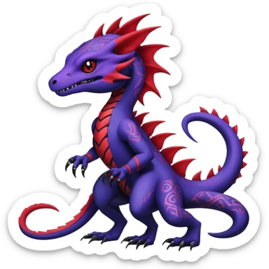 Rare warm-colored exotic gloomy tropical edgy cute epic aesthetic spooky indigo purple white black red gothic colorful Salandit-charmeleon-sergal-species-Fakemon-hybrid-creature, with tribal tattoo markings, full body sticker