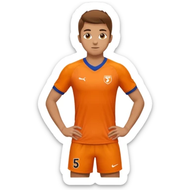 Apple iOS style 22 year old soccer player standing hands on waist, orange jersey #5, stadium lighting sticker