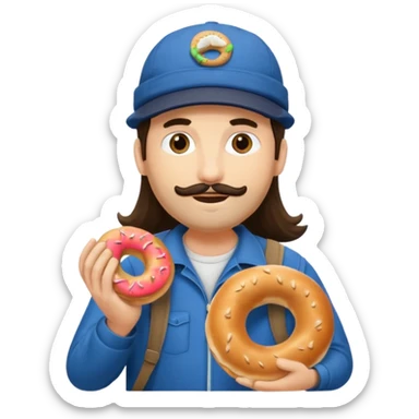 tourist brunette long hair man with cap holding bagel sticker