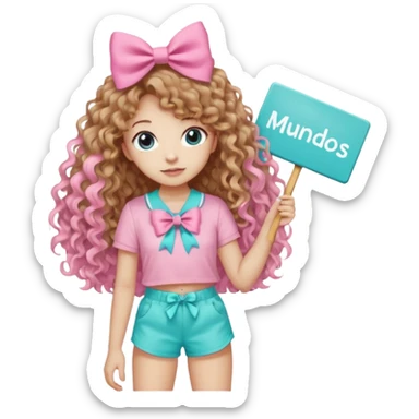 Crea una imagen mía kawai para stickers q tenga bonitos ojos cabello largo crespo color castaño claro y un hermoso moño rosa la blusa rosada y un hermoso chort color azul aguamarina y en sus manos un letrero q diga mundos Artistico Cc los zapatos estilo converse sticker