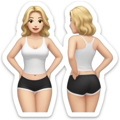 Front view curvy caucasian beauty sitting straight hands up black skirt white knickers white socks sticker