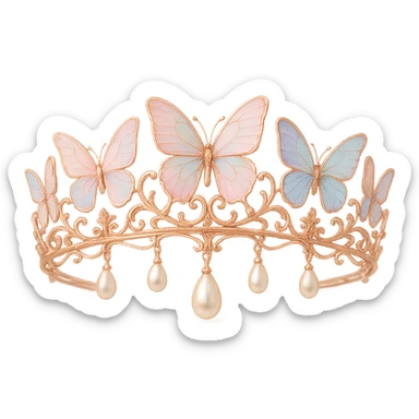 butterfly crown in rose gold with pastel butterflies and pearl drops, soft and romantic sticker