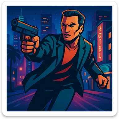 Change background to a vibrant night city, keep GTA character with gun in foreground. Maintain the original style and details of the character while updating the background to a vibrant night cityscape. sticker