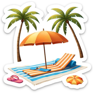Icon for Beach Tourism: with the blue ocean, orange sunset sun and palm trees in the background, a sun umbrella, flip-flops, and a beach towel on the sand. The icon should represent relaxation and fun at the beach. Transparent background. sticker