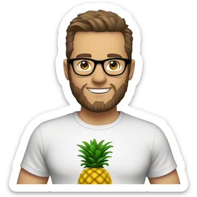 White man,  wearing round black glasses, smiling, straight brown hair combed to the side, beard, holding a cell phone, t-shirt with a pineapple sticker